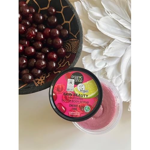 Organic Shop Cherry & Sugar Softening & Exfoliating Body Scrub, 100% Vegan & Organic, Daily Exfoliant, Detox & Moisturizer, Body, Face, Hand & Foot, Intensive Care & Skin Toning. 250ml.