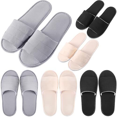 Breathffy 6 Pairs Disposable Slippers Bulk for Guests Comfortable House Spa Slippers Hotel Indoor Travel Slippers Women Men(Gray, Khaki, Black, Open Toe)