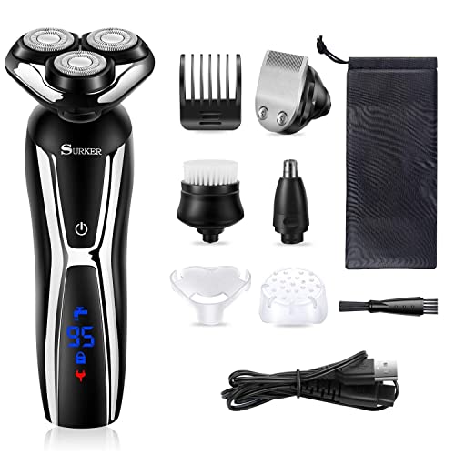 SURKER Electric Shaver Razor Cordless Beard Trimmer for Men Nose Hair Trimmer 3 in 1 Grooming Kit Plus 1 Facial Cleansing Brush Waterproof USB Rechargeable Dry Wet