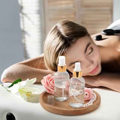 Fumete 2 Pack Glass Bottles 4oz Empty Refillable Liquid Containers with 1 Label 1 Funnel for Essential Oils Hair Travel Plants Cleaning Skin Care(Clear, Golden Top,Mist Bottle)