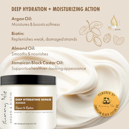 Sunny Isle Argan & Biotin Deep Hydrating Hair Masque - Intensive Repair, Almond Oil, Castor Oil - 16oz