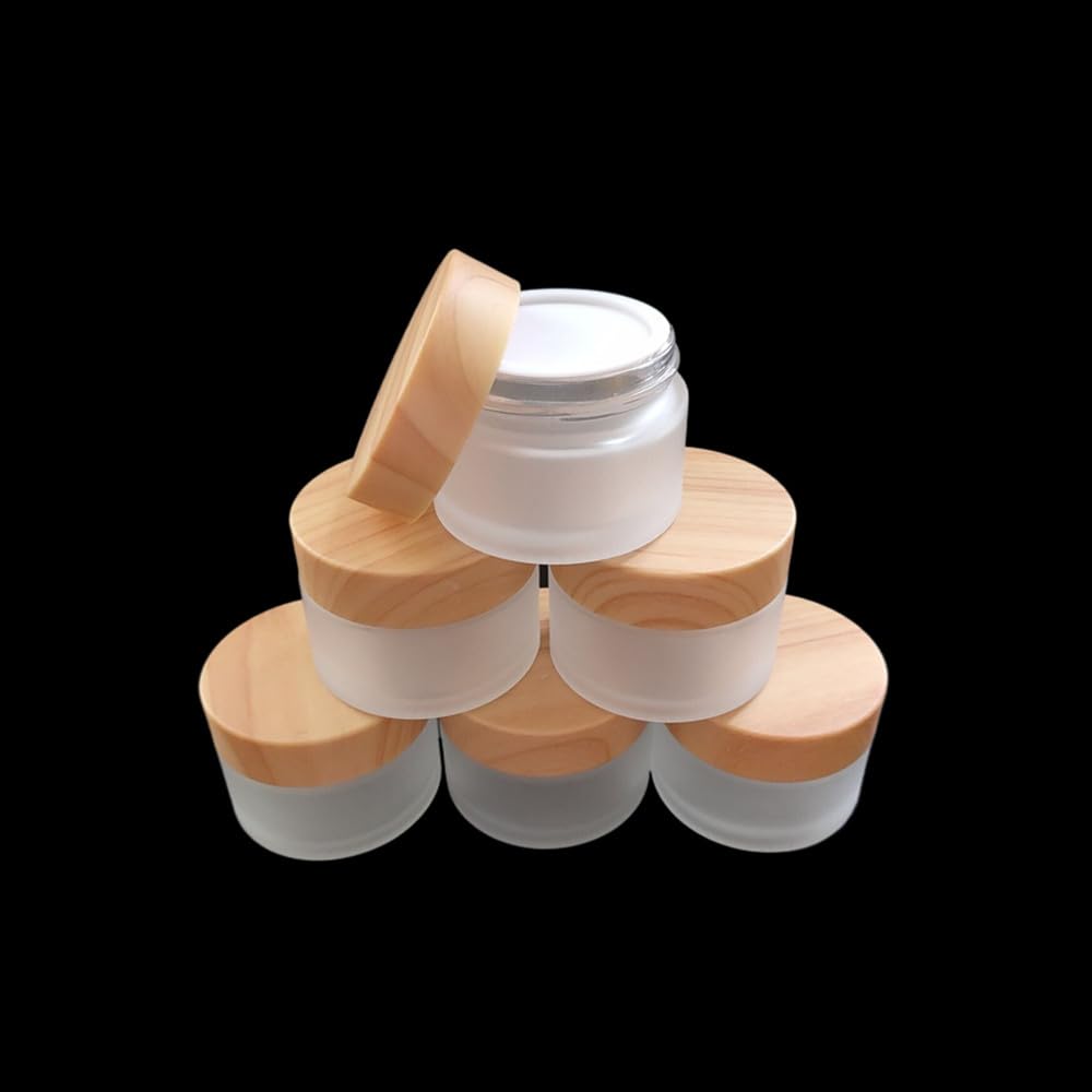 1 Oz Frosted Glass Cosmetic Containers with Wood Grain Lids, 30ml Travel Empty Makeup Jar Pot Box, Refillable Sample Jars for Lotion Face Cream Lip Balm Eyeshadow Storage (30 Grams, 6 Pack)