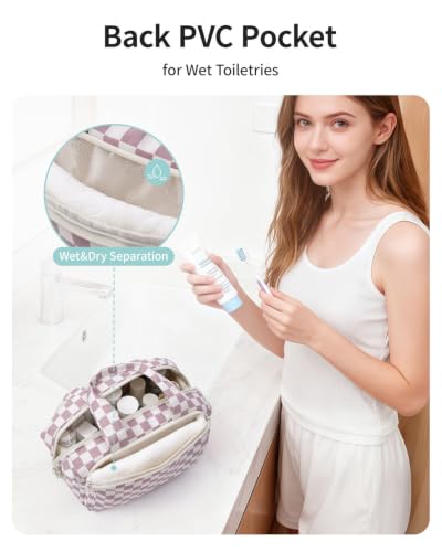 Narwey Large Travel Toiletry Bag for Women Dusty Pink Checkerboard