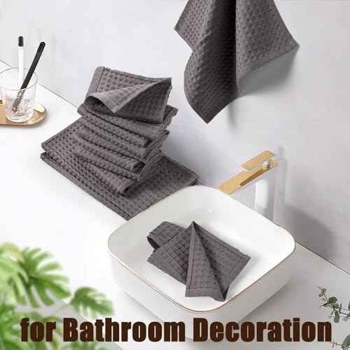 Cleanbear Classic Waffle Washcloths, 100% Cotton Face Towels, Absorbent and Quick-Drying, Soft Washcloths 12 Pack for Face and Body, 13 x 13 Inches (Gray)