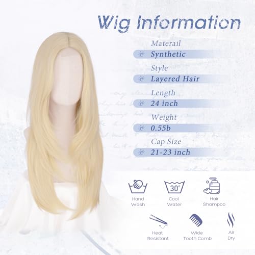 Haloo 24 Inch Blonde Wig with Curtain Bangs - Lace Front Synthetic Hair