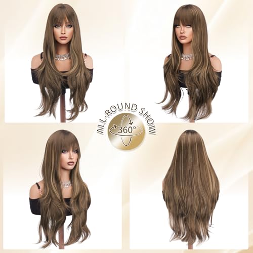 Haloo 26" Blonde Brown Wavy Wig with Bangs - Heat Resistant Synthetic