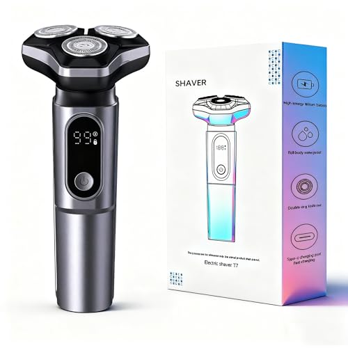 Electric Razor for Men Cordless: Wet/Dry Rotary Shaver Waterproof - USB Fast Charging & Sensitive Skin Care. 3-Blade Rotary Shaving System.LED Display, Travel Lock