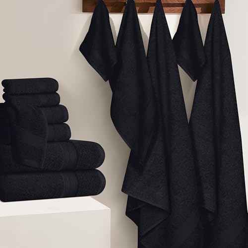 BOUTIQUO 24 Pack Cotton Towel Set, Contains 6 Bath Towels 27x54 inch, 6 Hand Towels 16x24 inch & 12 Wash Coths 12x12 inch, Ideal Everyday use, Ultra Soft Compact & Lightweight - Black