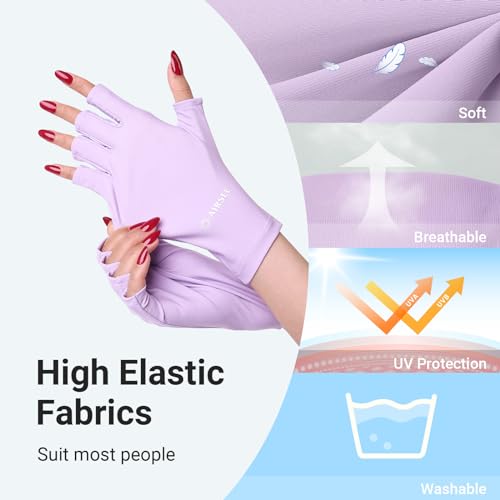 AIRSEE Breathing UV Gloves for Nail Gel，Professional UPF50+ Protection Gloves for UV Lamp, Ice Silk Cloudy Soft Fingerless Gloves,Ultra Cool Feeling Fabric(Lavender Mist)