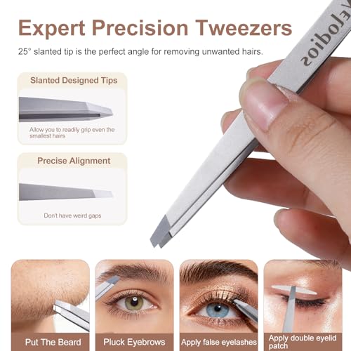 Tweezers for Eyebrows, Pointed TipTweezers for Women Facial Hair, Ingrown Hair Removal, Slanted and Pointed Tip Tweezers Set with PU Travel Case (Slant & Pointed Tweezers Set)