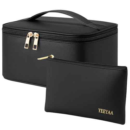 Travel Makeup Bag Toiletry Bag Waterproof Large Capacity Cosmetic Bags for Women Portable Make up Organizer Pouch With Divider Vegan Leather 2PCS Gifts for Mother Girls Black