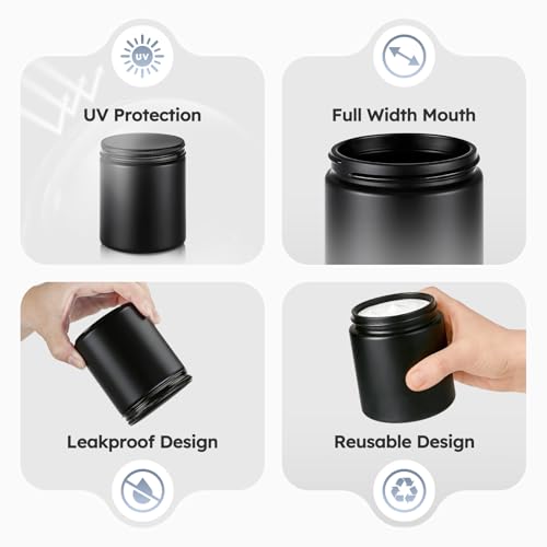 8 oz Black Glass Jars with Metal Lids - Set of 3, Black-Black Lids