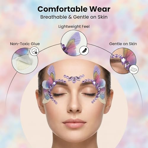Rhinestone Eye Gems with Fabric Butterflies - Self Adhesive Face Jewels