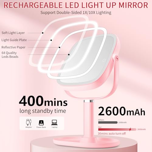 Lighted Makeup Mirror 8.5" 1x/10x Magnifying Rechargeable LED