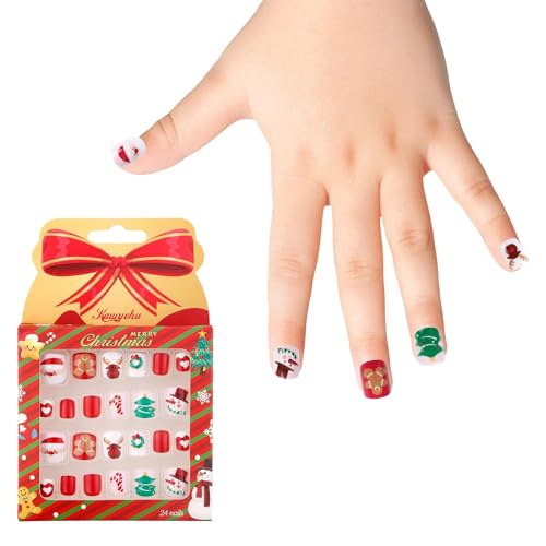 Kids Christmas Day Press-On Fake Nails - Short Full Cover Artificial Nail Tips for Girls