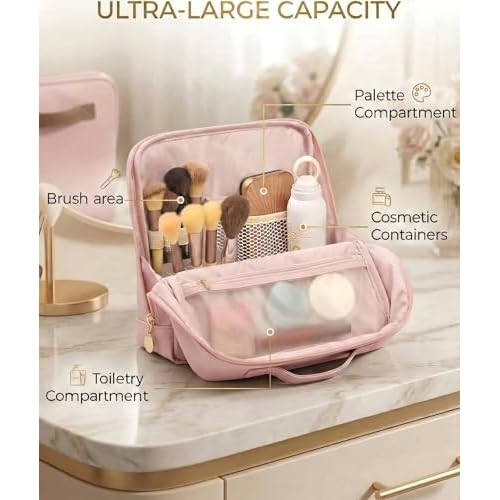 Large Standing Makeup Bag, Sturdy PU Leather Cosmetic Organizer with Fold-Down Phone Tray, Waterproof Travel Toiletry Case with Wipeable TPU Brush Holder, 9.5 Inch, Pink