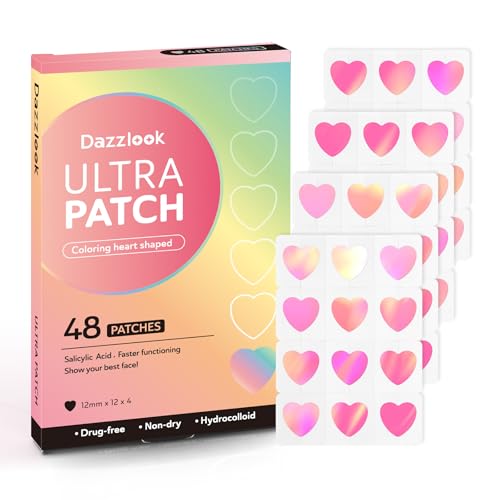 Cute Pink Heart Pimple Patch with Salicylic Acid, Hydrocolloid Pimple Stickers Iridescent Colors 48 Pcs, Fashion Zits Blemishes Breakouts Patches