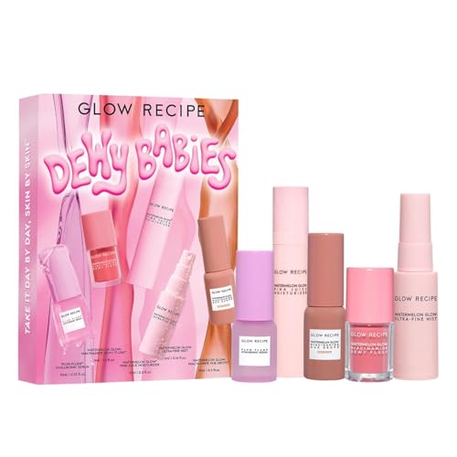 Glow Recipe Dewy Babies Travel Skincare Set - Plum Plump Hyaluronic Acid Serum + Dewy Flush Tinted Blush Drops + Pink Juice Face Moisturizer + Bronzing Hue Drops + Ultra Fine Facial Mist (5 Count)