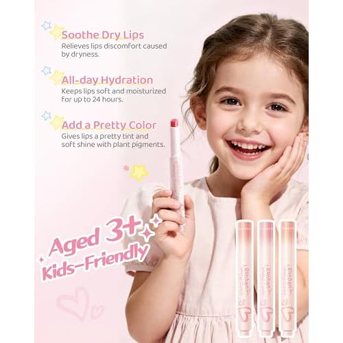 RUNBEN Kids Tinted Lip Balm, Fresh Cherry Lips Gloss, 24H Moisturizing, Safe & Non-toxic Lipstick for Kids & Teen, Birthday Makeup Gift for Girls, 2g