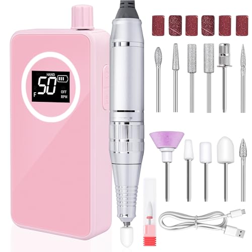 Electric Nail Drill 50000 RPM - Rechargeable E-File Machine with 12 Bits, LCD Display, Low Noise, Home Manicure Kit
