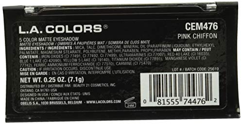 L.A. COLORS 5 Color Matte Eyeshadow Palette, Pink Chiffon (Pack of 2)
