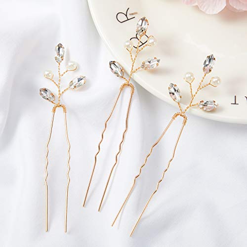 Pearl & Rhinestone Bridal Hair Pins Gold (6 Pieces)