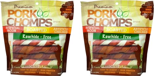 Pork Chomps Baked Pork Skin Dog Chews, 6-inch Twists, Bacon Flavor Wrap, 4 Count (Pack of 2)