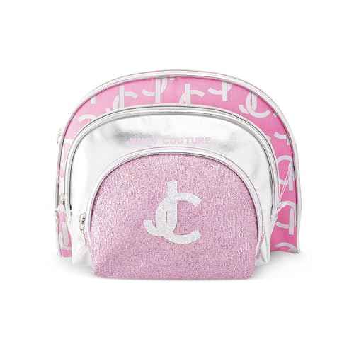 Juicy Couture Silver Pink Makeup Bag Cosmetics Organizer Travel Essentials Clutch Coin Purse Three Piece Set Shiny Glitter