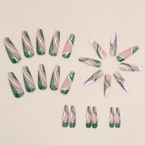 Long Square Press on Nails Square Fake Nails with Green Glitter White Ripple Designs French Tip Glossy Glue on Nails Christmas Acrylic Nails Full Cover False Nails for Women and Girls