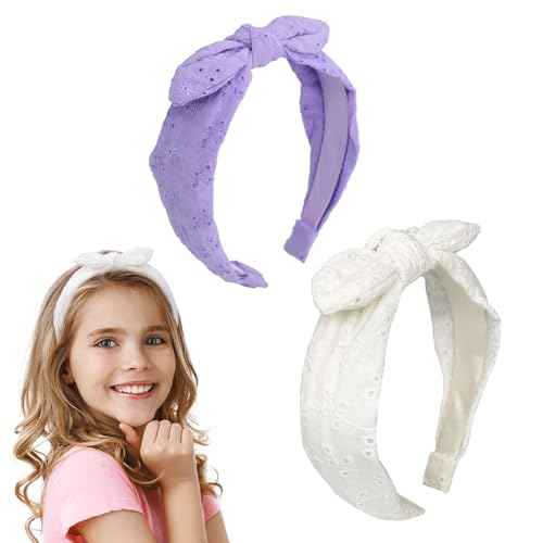 Bow Headbands for Girls Kids, Thin Headband with Bow Women Hair Accessories Fashion Knotted Head Band Non Slip for Toddlers(Purple/White, 2Pcs)