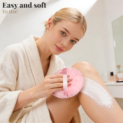Teenitor Powder Puff 5.5" Extra Large Powder Puff and Container, Dusting Powder Container with Puff, Glass Crystal Powder Container for Body Powder Puff Pink