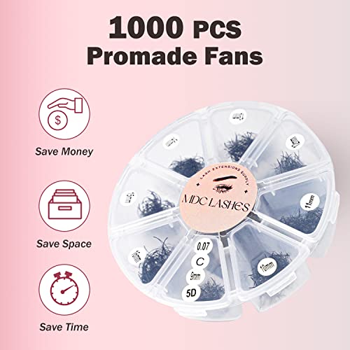 Promade Eyelash Fans Mix Length 1000 Fans Volume Lash Extensions 8D-16D, C/D Curl, 9-16mm Length, 0.05-0.07 Short Stem PBT Synthetic Vegan False Eyelash