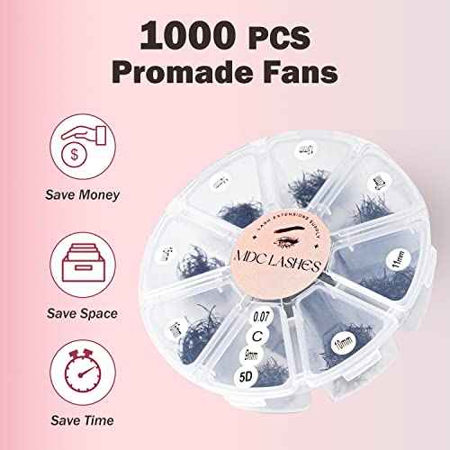 Promade Eyelash Fans Mix Length 1000 Volume Lash Extensions 8D-16D, C D Curl, 9-16mm Length, 0.05-0.07 Short Stem Promade Premade Pre Pro Loose Fans Eyelash Extension, Easy Application