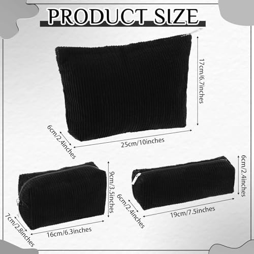 Huhumy 3-Piece Corduroy Makeup Bag Set for Women, Black