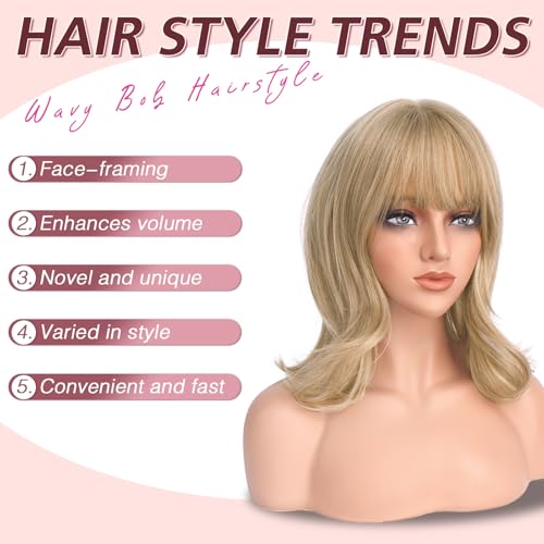 Haloo 14-Inch Blonde Bob Wig with Bangs - Wavy Layered Synthetic Hair