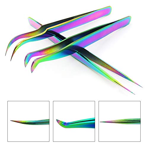 Quewel Eyelash Extension Tweezers Set Eyelash Applicator Tool Curved and Straight pointed Tweezers Lash Extension Supplies Stainless Steel Precision Tweezers Silver (3 pcs, Rainbow)