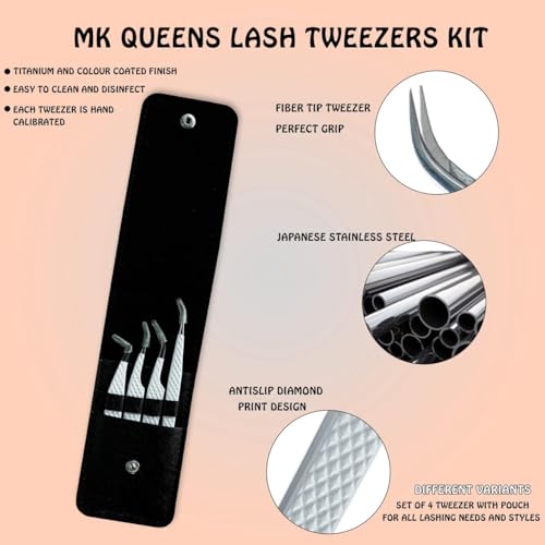 Lash Tweezers - Stainless Steel Fiber Tip Eyelash Tweezers (Set of 4) - Diamond Grip Professional Lash Tweezers for Eyelash Extensions (White)