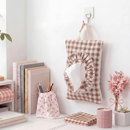 Brown Gingham Quilted Wipe Pouch with Ruffle & Zipper