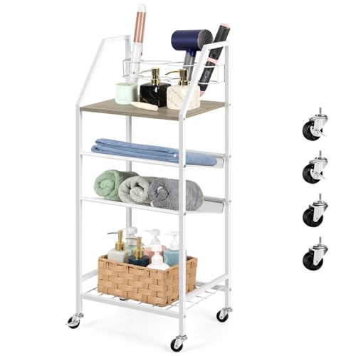 OYEAL White Bathroom Storage Cart Rolling Towel Cart On Wheels Freestanding Bathroom Shelf Unit with Hair Dryer Holder for Small Spaces, Living Room, Kitchen