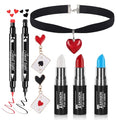 Go Ho Red White and Blue Multi-use Lip Face Paint Stick,2PC Red&Black Hearts Eyeliner Stamp,Heart-shaped Earrings and Necklace Kit,Queen Cosplay Halloween Costumes Party Accessories for Women