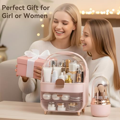 Large Pink Makeup Organizer with Brush Holder & Drawers
