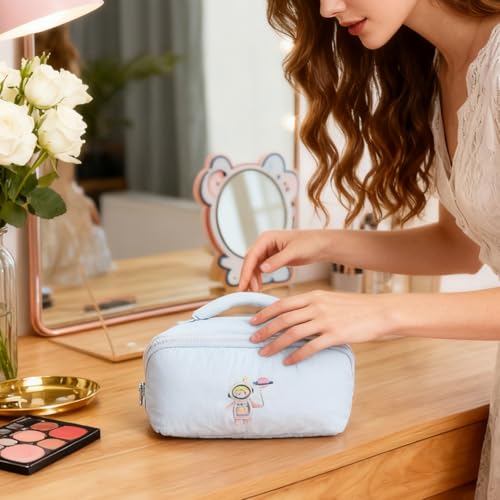 Cute Makeup Bag for Women - Travel Cosmetic Pouch with Large Capacity, Water-Resistant Nylon Make Up Organizer Blue