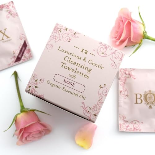 Cleansing Towelettes Organic Essential Oils Biodegradable (Rose) 12 Pack For Face and Body - Wet Wipes