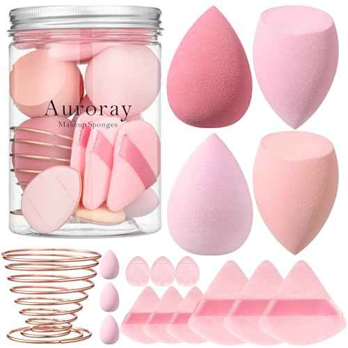 17PCS Makeup Sponge Set with 6PCS Powder Puff, 3PCS Mini Makeup Sponges, 3PCS Foundation Mini Make Up Sponge Puff and 1PCS Make Up Sponges Holder (Pink)
