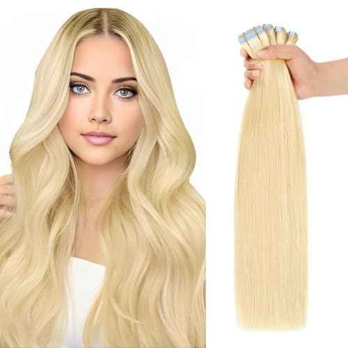 JESSBO Tape in Hair Extensions Human Hair Bleach Blonde 100% Real Human Hair 22 inch 20pcs 40g/pack Straight Seamless Skin Weft Tape in Hair Exensions For Woman (22 Inch #613)