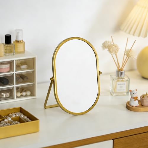 Oval Gold Vanity Mirror with Stand - 5.9 x 8.9 inches