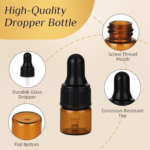 1ml Amber Glass Dropper Bottles - 36 Pack Essential Oil Containers
