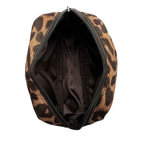 Fabric Leopard Print Makeup Bag Travel Cosmetic Case Soft Toiletry Bag with Zipper, Portable Make Up Organizer Traveling Compact Car Bag for Essentials (Brown)