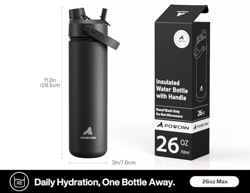 POWCAN 26 oz Insulated Water Bottle with 2-in-1 Lid - Leak-Proof