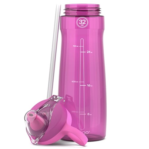 Pogo BPA-Free Tritan Plastic Water Bottle with Soft Straw, 32 Oz, Fuchsia